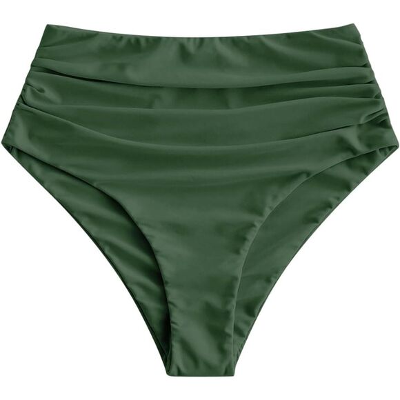 ZAFUL Army Green High Waisted Ruched Tummy Control Bikini Bottoms Sz L - Picture 2 of 9